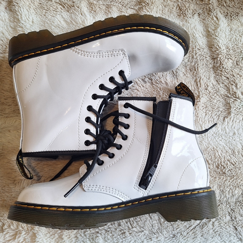 Dr. Martens White Patent Leather Lace-Up Boots With Zipper - 3